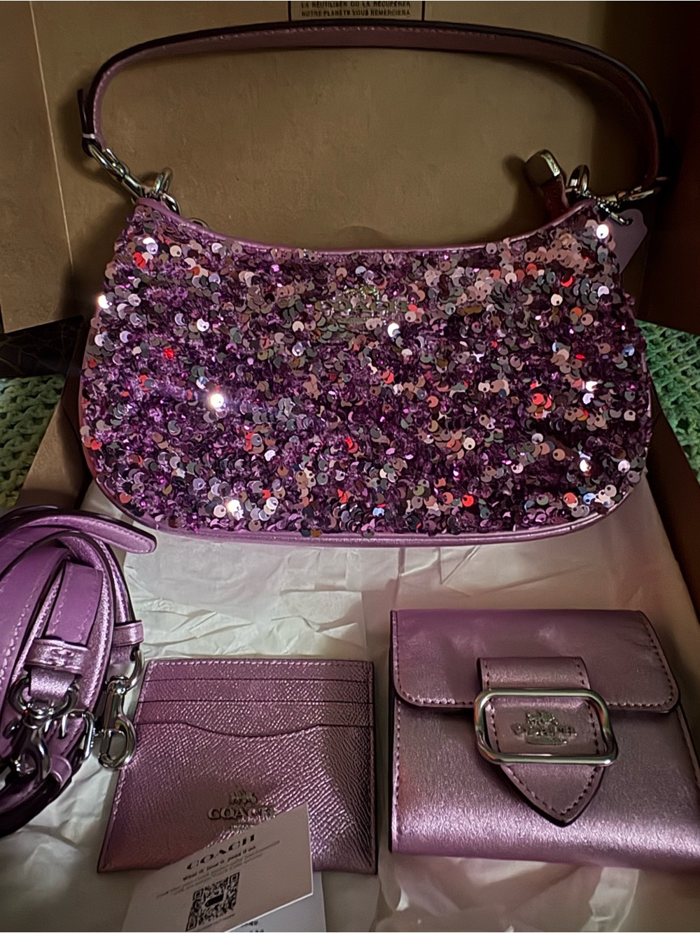 OBO Coach Pink Sequin Shoulder Bag with Metallic Pink Wallet & Card Case